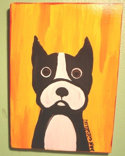 Cute and Playful Boston Bull Terrier folk art by outsider artist dan c