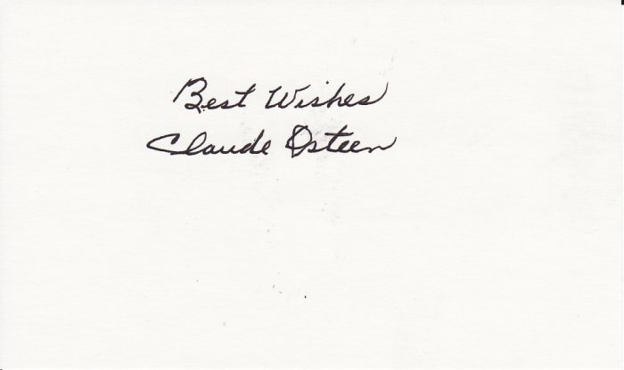 Claude Osteen Autograph Signed index card! Dodgers, Astros
