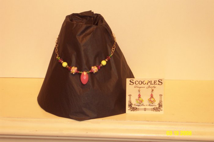 Pink and Lime Green Crystal Necklace and Earrings