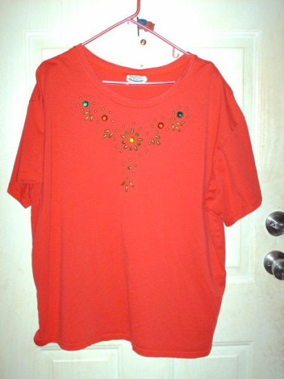 Gently Used Red Women's T-Shirt with Jewel Accents Size 2X