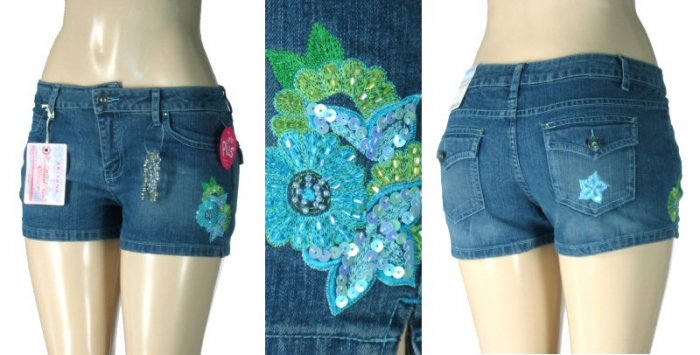 Arizona - Premium Missy / Plus Stretch Denim Shorts with Embroidered Sequin Flower Design