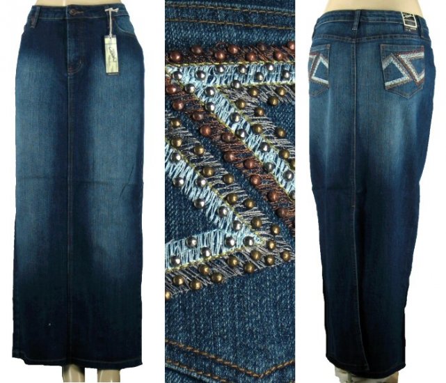 Clash - Missy / Plus 5 Pocket Denim Skirts with Embroidered and Studded Pocket Design -