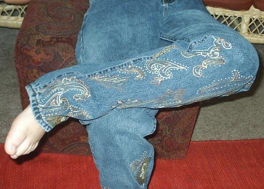 Paisley details hand painted on blue jeans SIZE 4