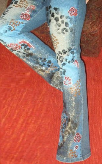 Animal Print ,Roses ,Paisley and Gold Hand Painted on JEANS