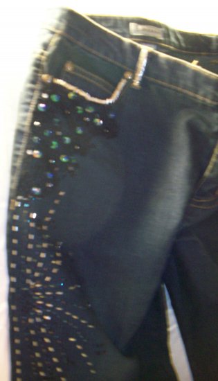 Black Jeans with Silver, blue Beading and Lace and black stones size 14
