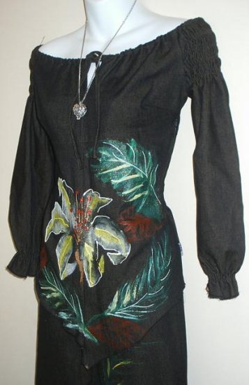 Hand Painted 2 piece set Amarylis and Leaves size small on brown denim