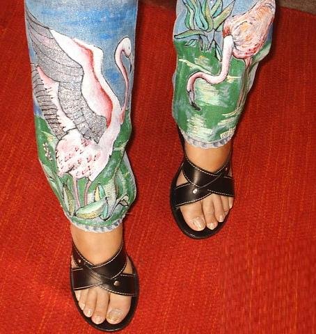 Hand Painted Flamingoes on jeans size 6