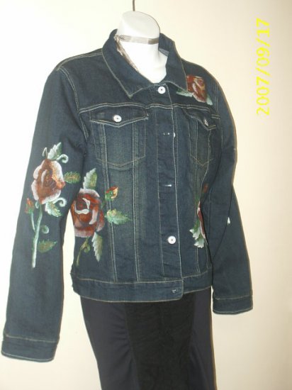 Hand Painted Blue jacket with tattoo roses in size small