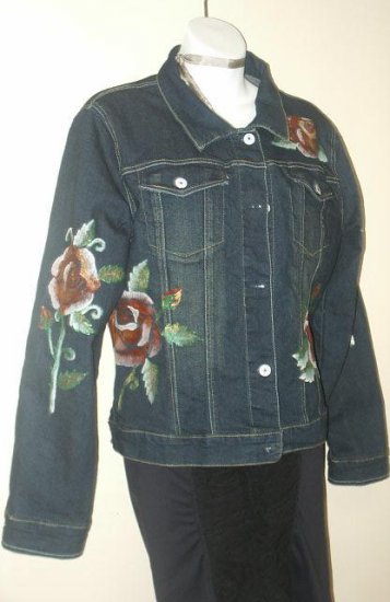 Hand Painted Blue jacket with tatoo roses in size extra large