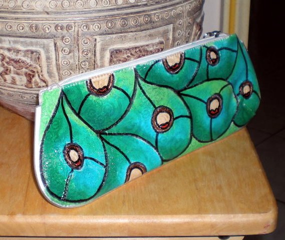 Hand Painted Feathers Large Wrislet bag with pockets