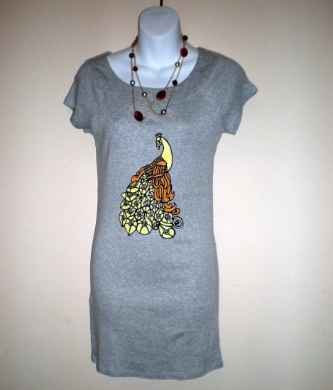 Hand painted and silk screened peacock on grey dress/shirt/tunic.SIZE MEDIUM -WEARABLE ART