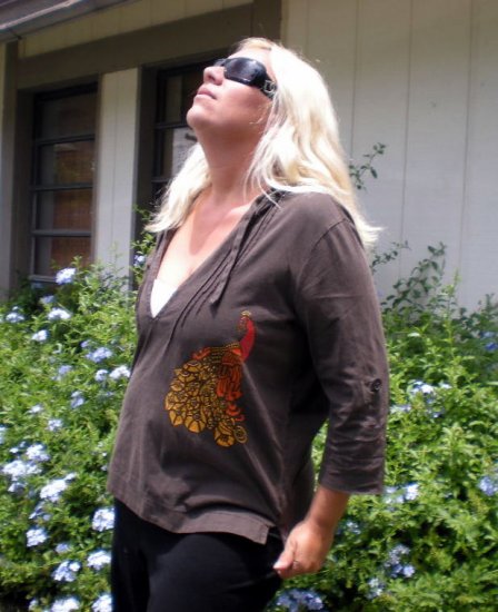 Hand painted Peacock Tribal earth colors on brownish-green hoodie SIZE EXTRA LARGE