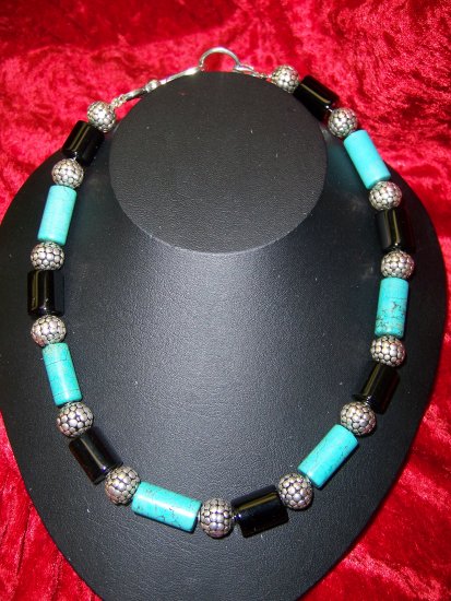 Turquoise & Onyx Cylinders w/Bali .925 Silver Beads