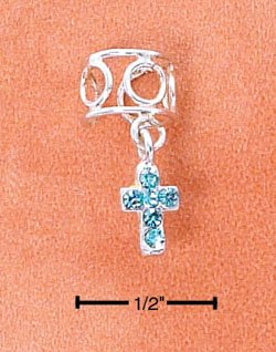 RG029-STERLING SILVER OPEN WIRE EAR CUFF WITH CIRCLES AND BLUE CRYSTAL CROSS DANGLE