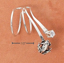 RG031-STERLING SILVER DOUBLE LOOP DROP EAR CUFF WITH FROG AND SMALL ROUND CLEAR CZ