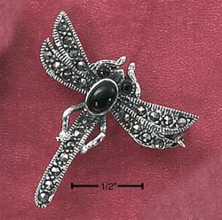 RG041-STERLING SILVER MARCASITE DRAGONFLY PIN WITH GENUINE ONYX BODY & EYES