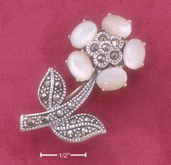 RG042-STERLING SILVER MARCASITE FLOWER PIN WITH MOTHER OF PEARL PETALS