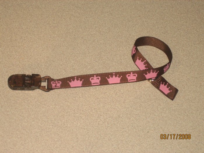 Sassy Straps Pacifier Pal for your little Princess Brown with Pink Crowns!