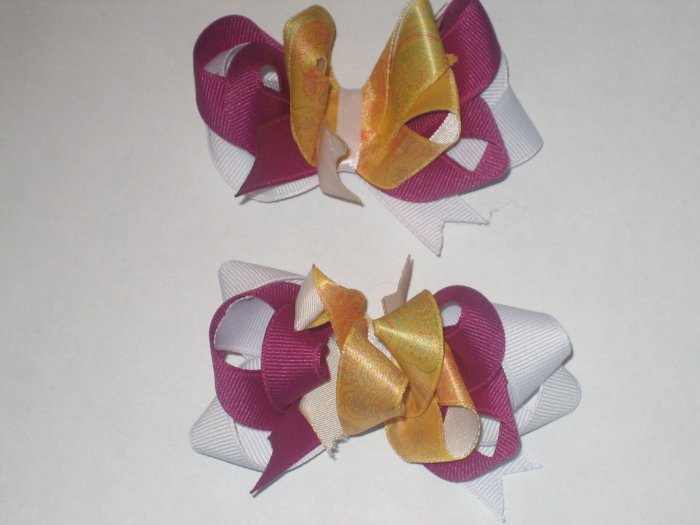 Piggy Tail Hair Bows Magenta, Gold, & White