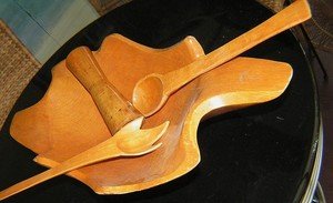 Vintage 4 Piece Set Thick Hand Carved Hard Wood Salad Dough Bowl