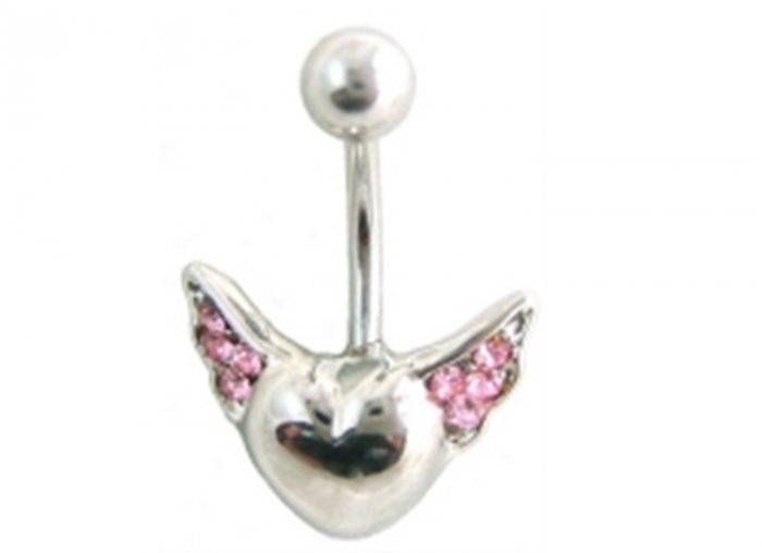 Pink Gem Winged Heart 14 Gauge Navel Ring