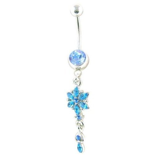 Blue Gem Flower Dangle 14 Gauge Navel Belly Ring Body Jewelry