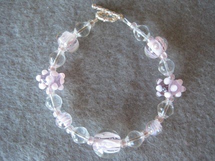Pink Lampwork Handmade Beaded Bracelet with Clear and Pink Seed Beads