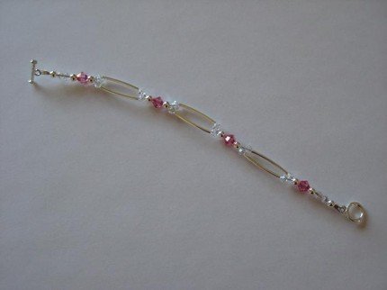 Pink Swarovski Crystal Handmade Beaded Bracelet with Silver Round Beads and Spacer Beads