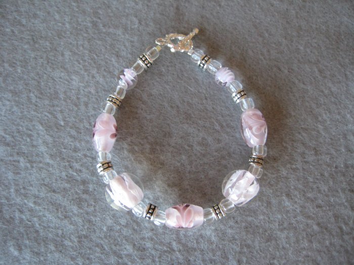 Pink Lampwork with Silver Handmade Beaded Bracelet with Oval Floral Designed Beads