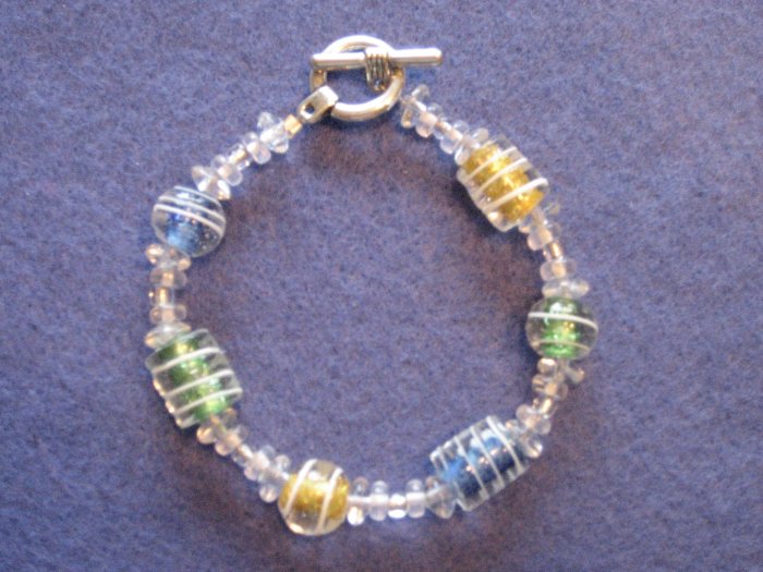 Multi Colored Handmade Beaded Bracelet with Blue, Green, Yellow and Clear Beads