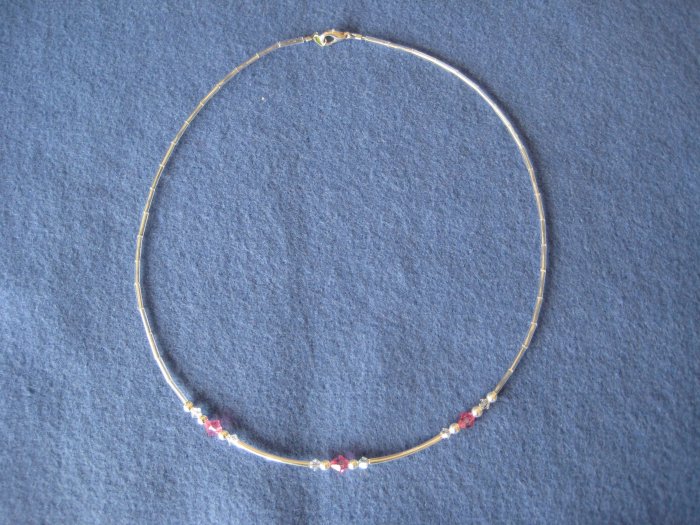 Pink Swarovski Crystal Handmade Beaded Necklace with Silver Round Beads and Silver Spacer Beads