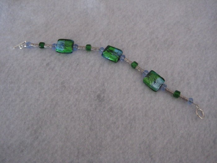 Blue and Green Handmade Beaded Bracelet with Blue Faceted Beads and Silver Spacer Beads