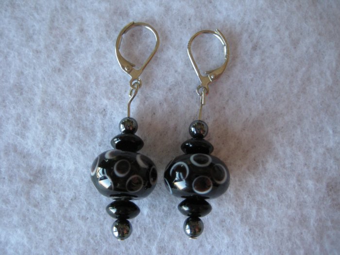 Black Lampwork Handmade Beaded Earrings with Silver