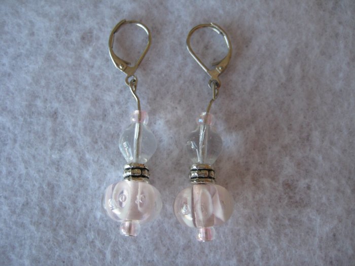 Pink Lampwork Handmade Beaded Earrings with Silver