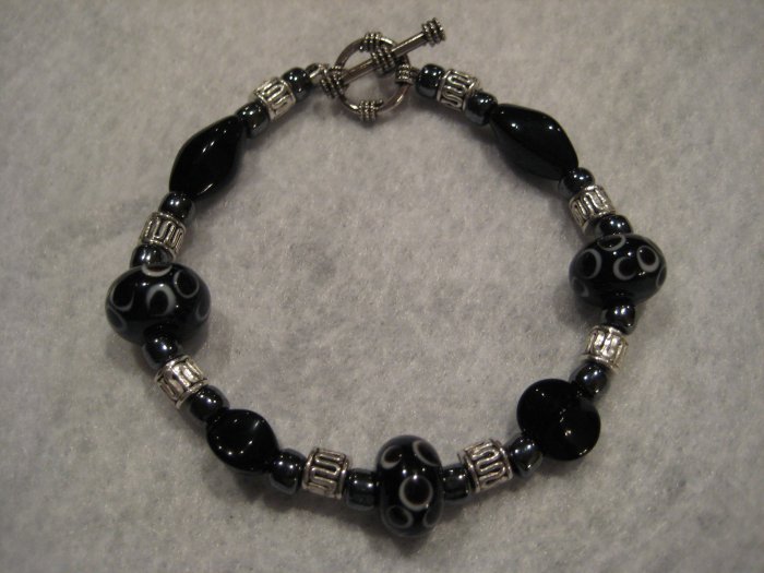 Black River Lampwork Handmade Beaded Bracelet with Hematite and Silver Beads