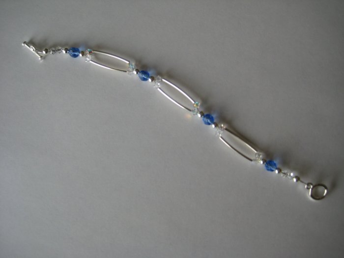 Swarovski Crystal and Blue Faceted Beads Handmade Beaded Bracelet with Silver Round and Spacer Beads