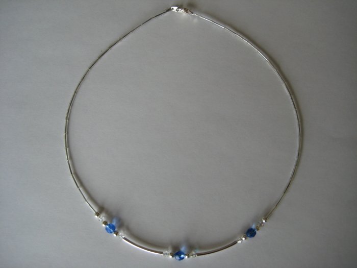 Swarovski Crystal and Blue Faceted Beads Handmade Beaded Necklace with Silver Round and Spacer Beads