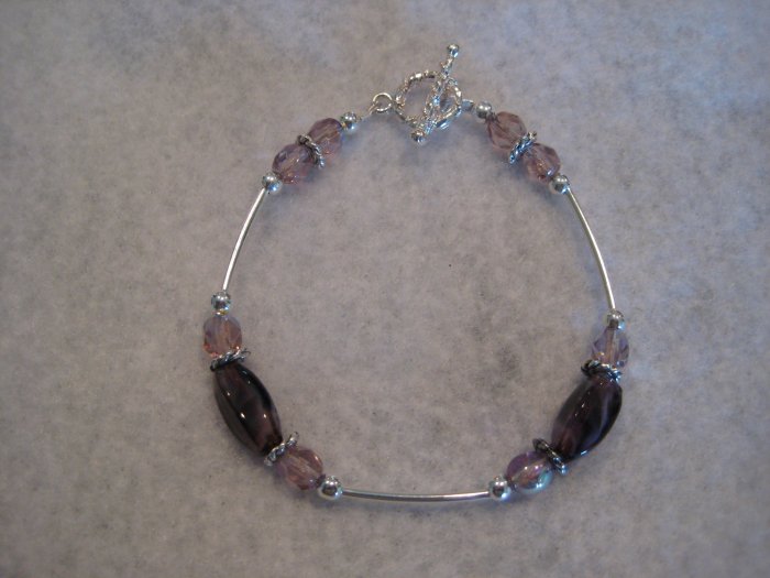 Amethyst Glass Cut Twist Beads with Amethyst Fire Polished Beads and Silver Handmade Beaded Bracelet