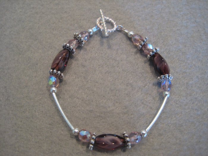 Amethyst Glass Twist Cut Beads with Amethyst Fire Polished Beads and Silver Handmade Beaded Bracelet