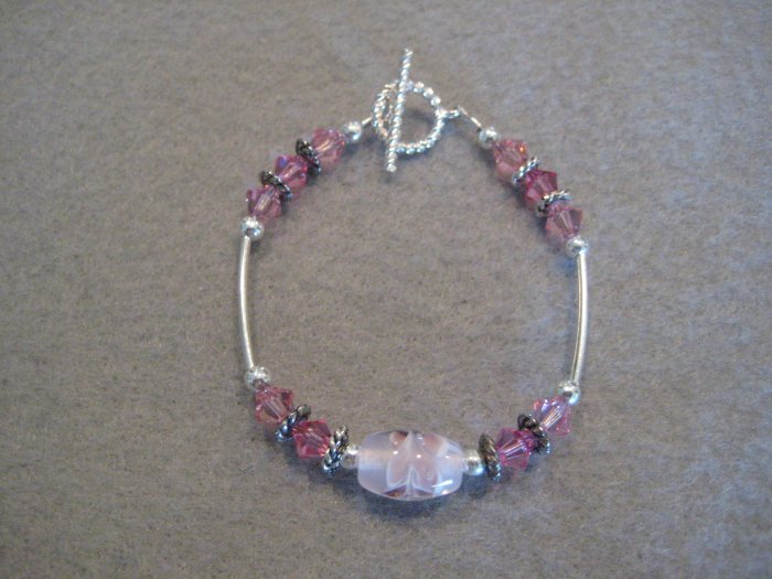 Pink Swarovski Crystal and Silver Handmade Beaded Bracelet with a Floral Design