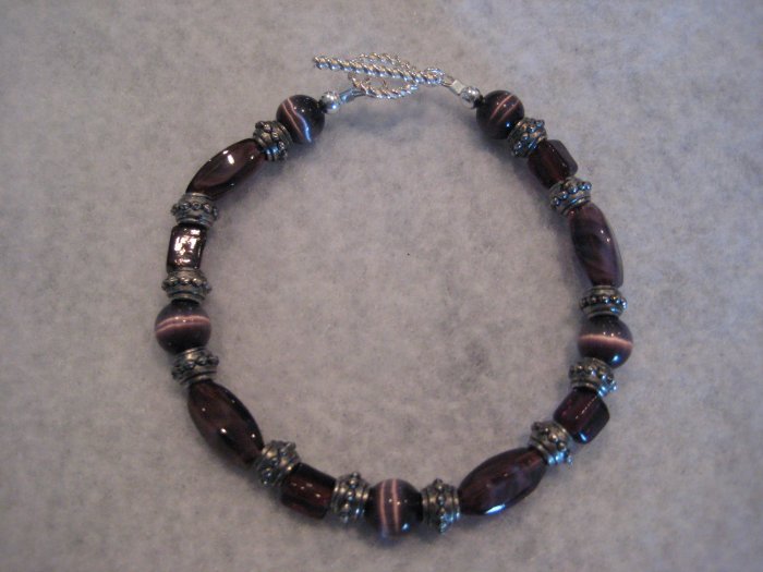 Amethyst and Silver with Purple Cat's Eye Handmade Beaded Bracelet