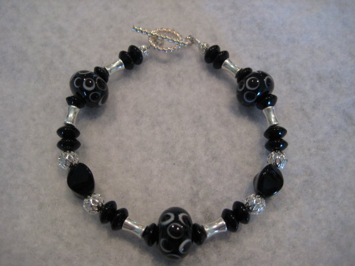 Black Lampwork with Silver Handmade Beaded Bracelet