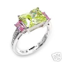 Peridot and Pink Emerald Cut CZ Cocktail Ring Size 8