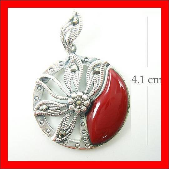 .925 Sterling Silver Red CZ Circle Flower Pendants