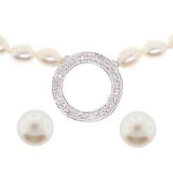 Freshwater Pearl Cubic Zirconia Sterling Silver Circle Necklace and Earrings Set
