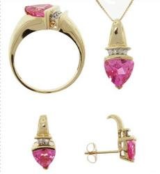 Trillion Pink Topaz and Diamond Gold Ring Earrings Pendant Set