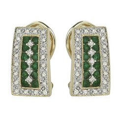 14K Yellow Gold Round Emerald & Diamond Earrings