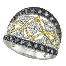 14K White Gold Round Blue Sapphire & Diamond Ring