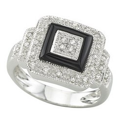 14K White Gold Onyx & Diamond Ring
