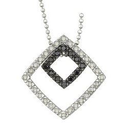 14K White Gold Round White & Black Diamond Pendant & Necklace - Square Design